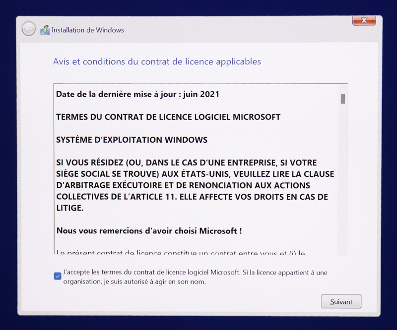 Conditions d'utilisation de Windows 11