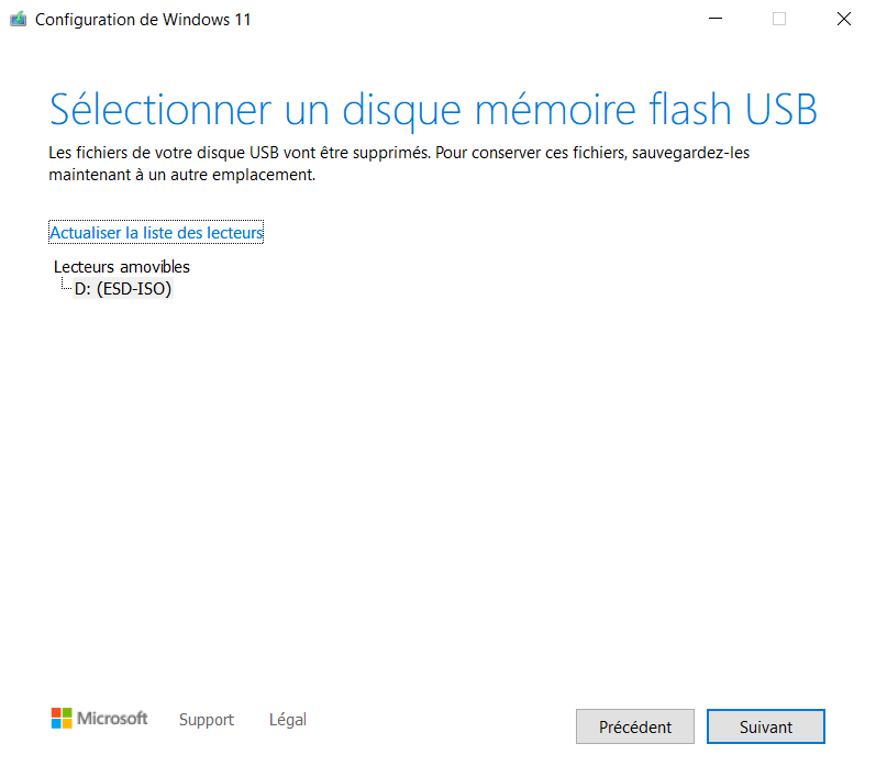 Sélection du disque mémoire flash USB