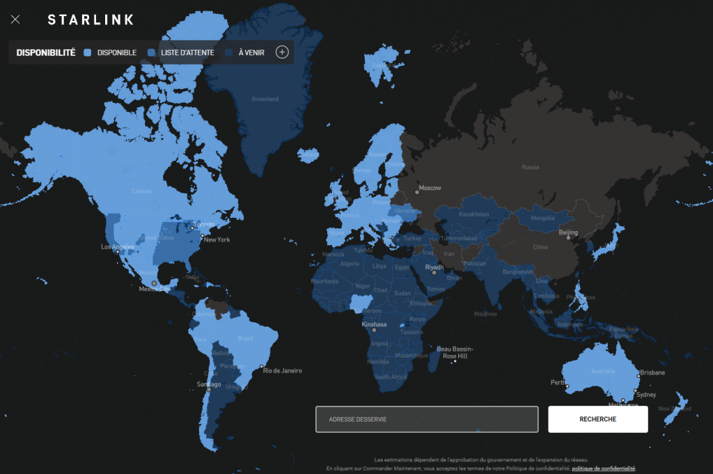Carte avancement connexion Starlink dans le monde
