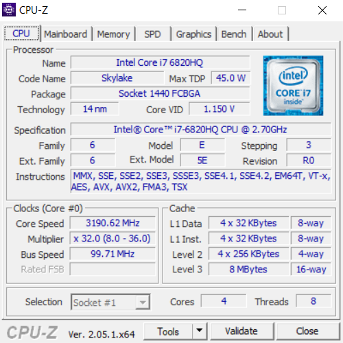 Caractéristiques CPU-Z du processeur I7-6820HQ